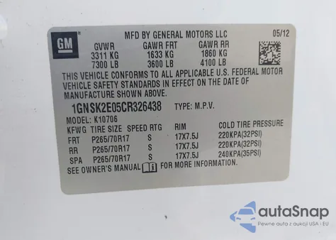 2012 Chevrolet Tahoe Commercial Fleet из США, поврежденный, VIN 1GNSK2E05CR326438